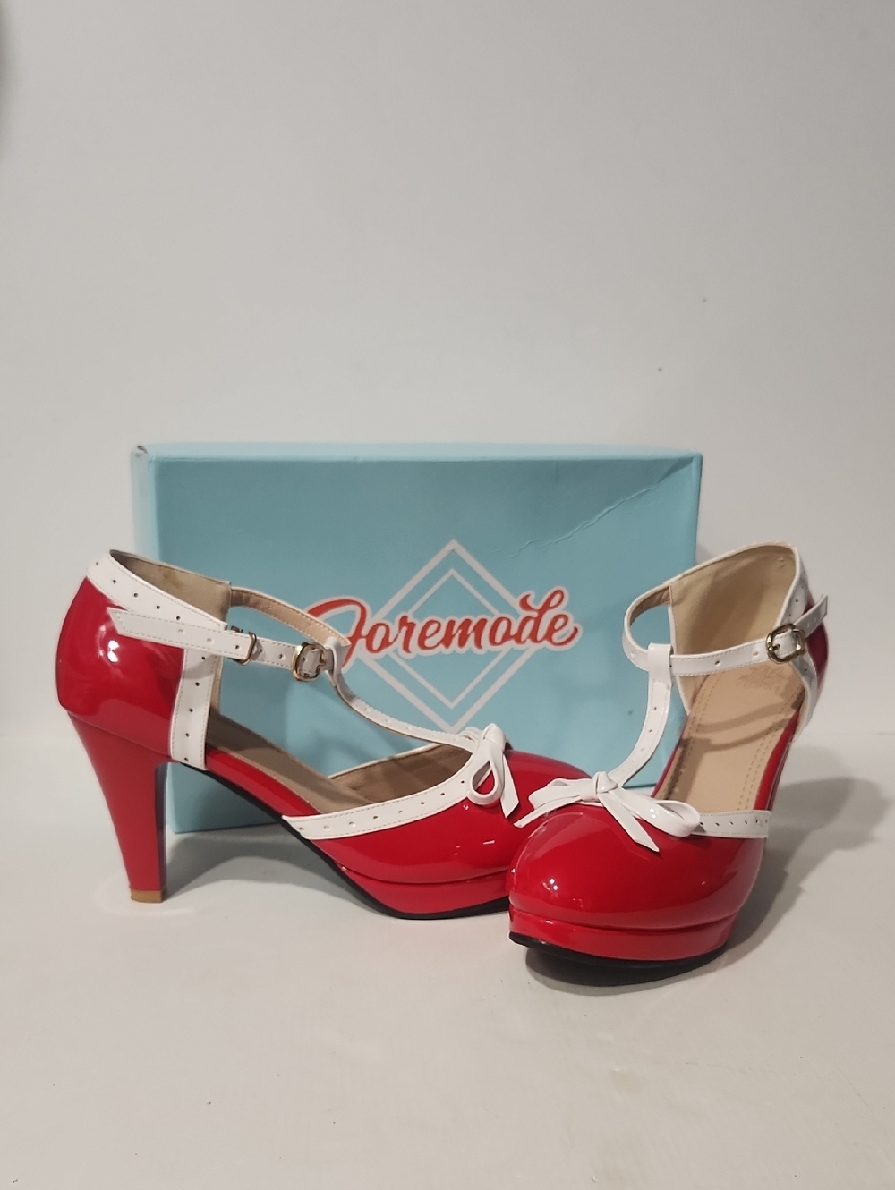 NEW! ForeMode Red & White Bow Ankle T-Strap Mary Jane High Heels Pumps Size 41